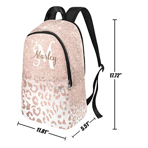 Liveweike Rose Gold Glitter Leopard Personalized Casual Backpack,Custom College School Bag with Name Travel Laptop 17 Inch For Girl