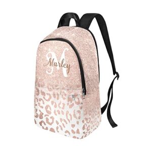 Liveweike Rose Gold Glitter Leopard Personalized Casual Backpack,Custom College School Bag with Name Travel Laptop 17 Inch For Girl