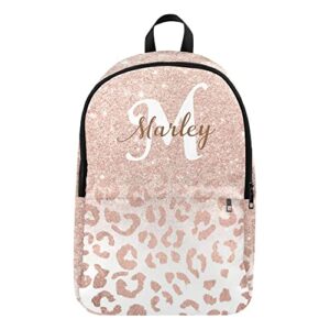 Liveweike Rose Gold Glitter Leopard Personalized Casual Backpack,Custom College School Bag with Name Travel Laptop 17 Inch For Girl