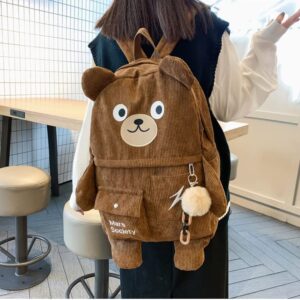 Aoakva Kawaii Bear Corduroy Backpack Cute for Teen Girl Boy Middle School Large Size (Brown)