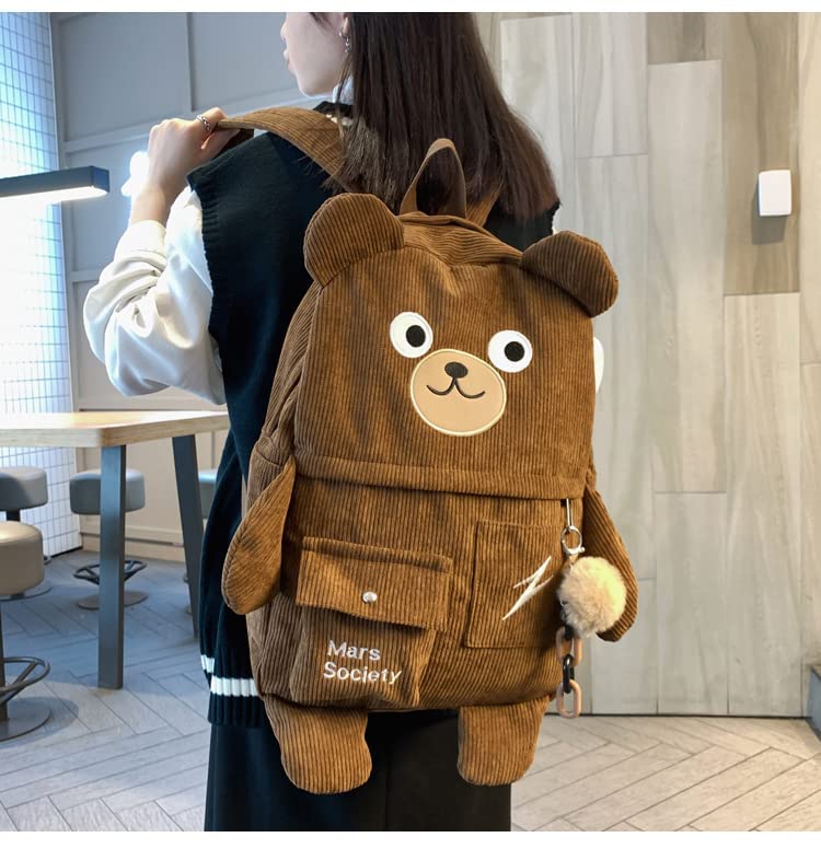 Aoakva Kawaii Bear Corduroy Backpack Cute for Teen Girl Boy Middle School Large Size (Brown)