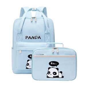 e-youth women girls cute panda school backpack with lunch box japanese & korean style canvas bags (blue)