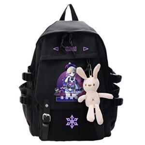 genshin impact qiqi backpack for men women casual daypack travel backpack with cute doll of bunny