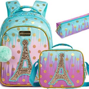 Egchescebo Girls Tower Reversible Sequin Backpack Set Magic Glitter Lightweight School Bookbag for Girls Kids Bling School Backpack 16" 3PCS Black Backpack with Lunch Box Set Blue