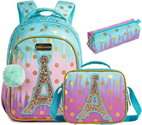 Egchescebo Girls Tower Reversible Sequin Backpack Set Magic Glitter Lightweight School Bookbag for Girls Kids Bling School Backpack 16" 3PCS Black Backpack with Lunch Box Set Blue