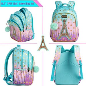 Egchescebo Girls Tower Reversible Sequin Backpack Set Magic Glitter Lightweight School Bookbag for Girls Kids Bling School Backpack 16" 3PCS Black Backpack with Lunch Box Set Blue