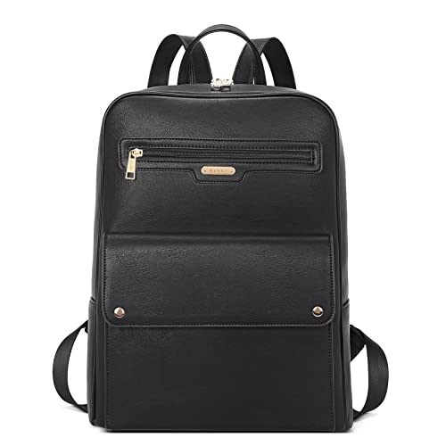 CLUCI Women Leather Laptop Backpack Durable College School Computer Bag Gifts for Women Fits 15.6 Inch Notebook Black