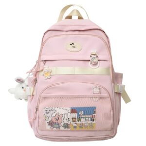 kawaii backpack with cute pins bunny plush pendant, aesthetic school bags bookbag, lovely japanese ita bag daypack (pink)