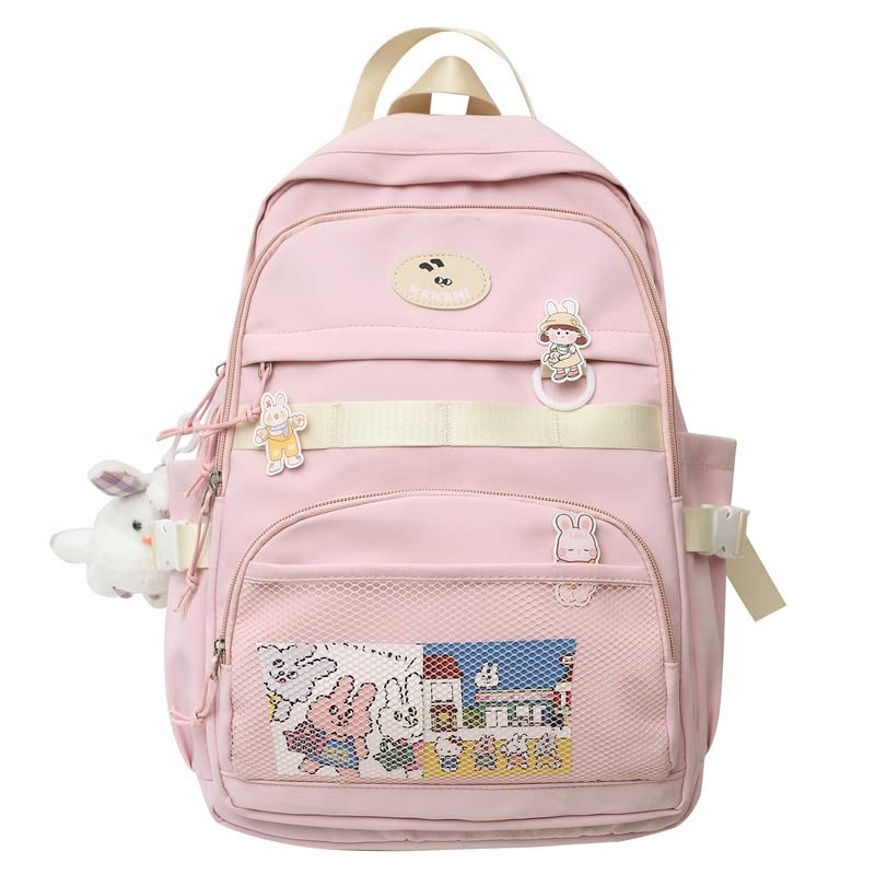 Kawaii Backpack with Cute Pins Bunny Plush Pendant, Aesthetic School Bags Bookbag, Lovely Japanese Ita Bag Daypack (Pink)