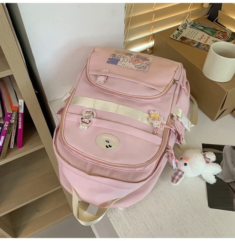 Kawaii Backpack with Cute Pins Bunny Plush Pendant, Aesthetic School Bags Bookbag, Lovely Japanese Ita Bag Daypack (Pink)