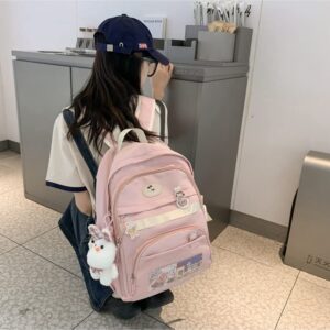 Kawaii Backpack with Cute Pins Bunny Plush Pendant, Aesthetic School Bags Bookbag, Lovely Japanese Ita Bag Daypack (Pink)