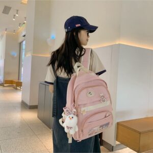 Kawaii Backpack with Cute Pins Bunny Plush Pendant, Aesthetic School Bags Bookbag, Lovely Japanese Ita Bag Daypack (Pink)