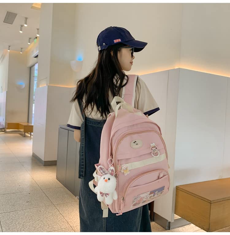 Kawaii Backpack with Cute Pins Bunny Plush Pendant, Aesthetic School Bags Bookbag, Lovely Japanese Ita Bag Daypack (Pink)