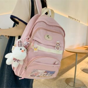 Kawaii Backpack with Cute Pins Bunny Plush Pendant, Aesthetic School Bags Bookbag, Lovely Japanese Ita Bag Daypack (Pink)