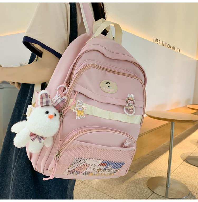 Kawaii Backpack with Cute Pins Bunny Plush Pendant, Aesthetic School Bags Bookbag, Lovely Japanese Ita Bag Daypack (Pink)