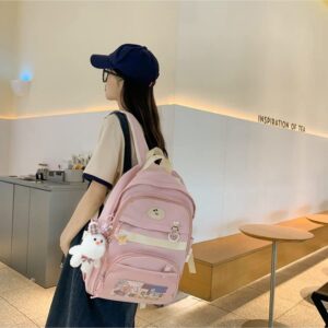 Kawaii Backpack with Cute Pins Bunny Plush Pendant, Aesthetic School Bags Bookbag, Lovely Japanese Ita Bag Daypack (Pink)