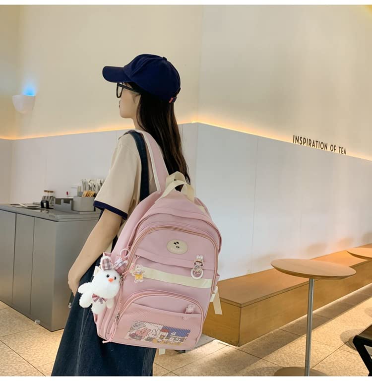 Kawaii Backpack with Cute Pins Bunny Plush Pendant, Aesthetic School Bags Bookbag, Lovely Japanese Ita Bag Daypack (Pink)