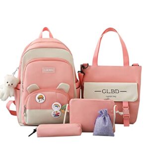aonuowe kawaii backpack combo set with bear pendant shoulder bag pencil case teenager college student schoolbag aesthetic bookbag (pink)