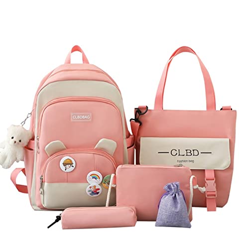 AONUOWE Kawaii Backpack Combo Set with Bear Pendant Shoulder Bag Pencil Case Teenager College Student Schoolbag Aesthetic Bookbag (Pink)