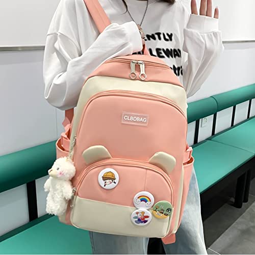 AONUOWE Kawaii Backpack Combo Set with Bear Pendant Shoulder Bag Pencil Case Teenager College Student Schoolbag Aesthetic Bookbag (Pink)