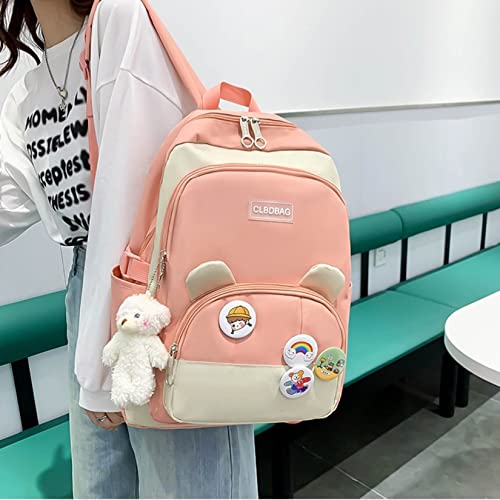 AONUOWE Kawaii Backpack Combo Set with Bear Pendant Shoulder Bag Pencil Case Teenager College Student Schoolbag Aesthetic Bookbag (Pink)