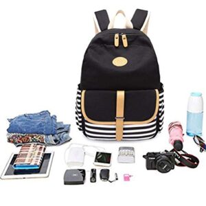 BAGTOP School Backpack Set - Canvas Teen Girls Bookbags 15" Laptop Backpack + Lunch Bags + Drawstring Backpack + Pen Case Bags Set (Black-3)