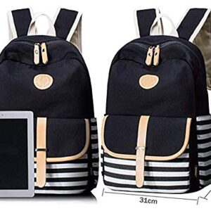 BAGTOP School Backpack Set - Canvas Teen Girls Bookbags 15" Laptop Backpack + Lunch Bags + Drawstring Backpack + Pen Case Bags Set (Black-3)