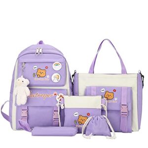 5pcs cute aesthetic backpack set for girls kawaii large canvas shoulder bag preppy school accessories (purple)