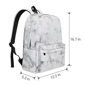 sewbuapo School Backpack for Boys Girls Portable Wide shoulder strap Casual Daypack Lightweight Travel Bag for Travel (White Marble)