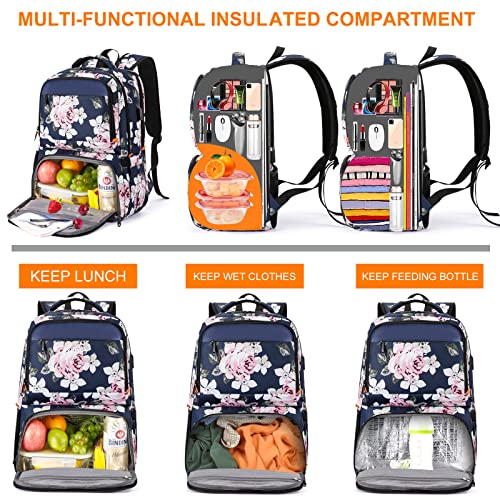 Lunch Backpack, Insulated Cooler Backpack for Women Laptop Backpack with USB Port, 15.6 Inch Laptop Bookbag Waterproof Backpack Food Bag for Work Beach Camping Picnics Hiking Travel Blue Flower