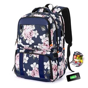 lunch backpack, insulated cooler backpack for women laptop backpack with usb port, 15.6 inch laptop bookbag waterproof backpack food bag for work beach camping picnics hiking travel blue flower