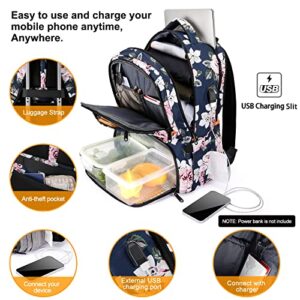 Lunch Backpack, Insulated Cooler Backpack for Women Laptop Backpack with USB Port, 15.6 Inch Laptop Bookbag Waterproof Backpack Food Bag for Work Beach Camping Picnics Hiking Travel Blue Flower