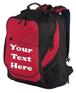all about me company personalized monogrammed school book bag with custom text | shoulder backpack with customizable embroidered monogram design (chili red/black)