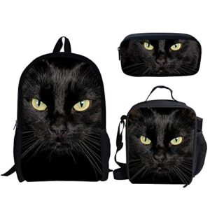 school backpack set lunch bags pencil case cool black cat print bookbags 3 pcs set for for kids/ girls