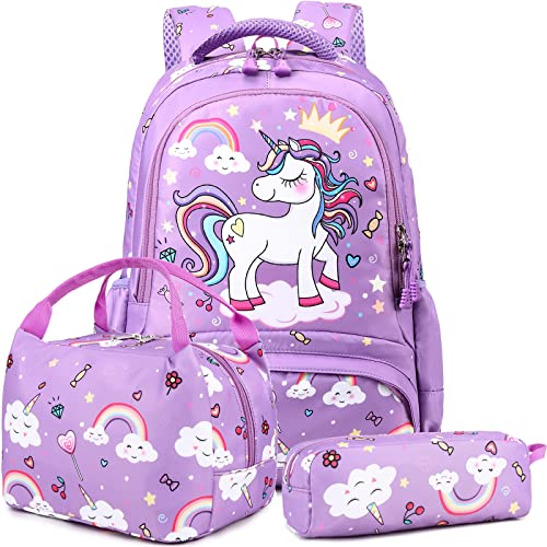 Meisohua School Backpack for Girls Elementary Unicorn Backpack Set 3 in 1 Kids Bookbags Schoolbag Sets with Lunch Bag Pencil Case