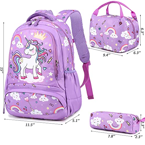 Meisohua School Backpack for Girls Elementary Unicorn Backpack Set 3 in 1 Kids Bookbags Schoolbag Sets with Lunch Bag Pencil Case