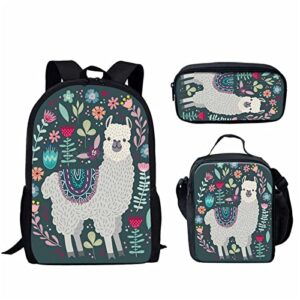 forchrinse cute llama floral print backpack school bookbag with lunch bag pencil case for boys girls