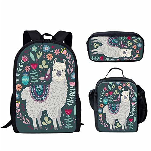 Forchrinse Cute Llama Floral Print Backpack School Bookbag with Lunch Bag Pencil Case for Boys Girls