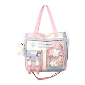 KOWVOWZ Kawaii Shoulder Tote Bag with Cute Pin Accessories Plush Rabbit & Bear Pendant Girl School Backpack Laptop Schoolbag Crossbody for Students (Blue)