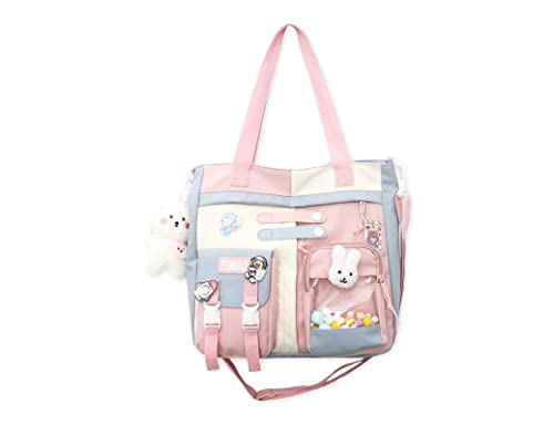 KOWVOWZ Kawaii Shoulder Tote Bag with Cute Pin Accessories Plush Rabbit & Bear Pendant Girl School Backpack Laptop Schoolbag Crossbody for Students (Blue)