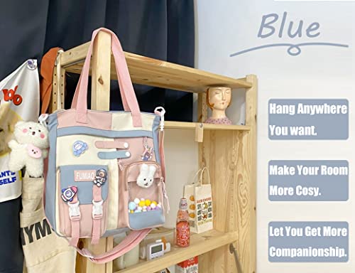 KOWVOWZ Kawaii Shoulder Tote Bag with Cute Pin Accessories Plush Rabbit & Bear Pendant Girl School Backpack Laptop Schoolbag Crossbody for Students (Blue)