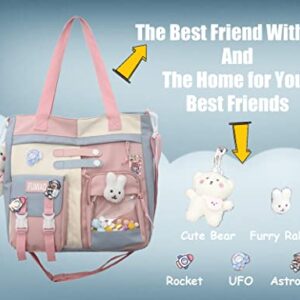 KOWVOWZ Kawaii Shoulder Tote Bag with Cute Pin Accessories Plush Rabbit & Bear Pendant Girl School Backpack Laptop Schoolbag Crossbody for Students (Blue)