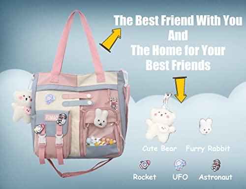 KOWVOWZ Kawaii Shoulder Tote Bag with Cute Pin Accessories Plush Rabbit & Bear Pendant Girl School Backpack Laptop Schoolbag Crossbody for Students (Blue)