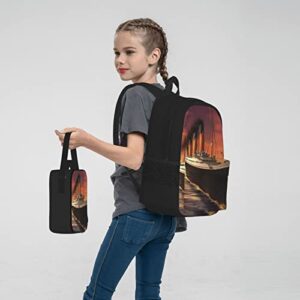 3 Piece Backpack Set Titanic Sunset School Bag,Travel Camping Daypack Students Bookbag Pencil Case Lunch Bag Combination