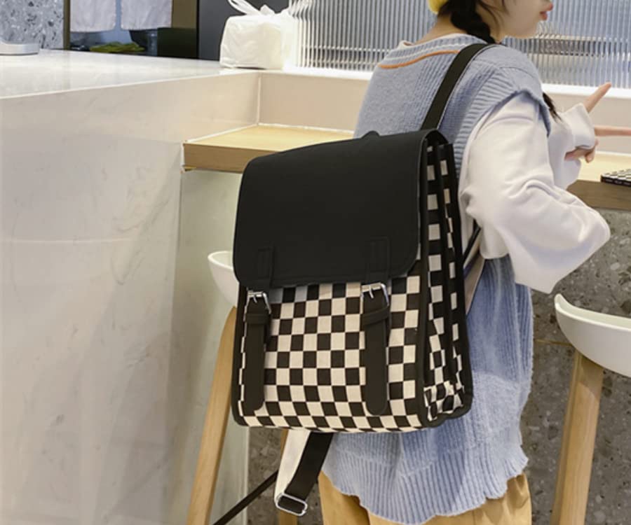 Dark Academia Aesthetic Backpack for School Alt Emo Grunge Book Bag Vintage Checkered Preppy Backpack for Women Teen Girls (One Size,Black)