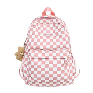 checkerboard light academia aesthetic backpack for teen girls cute plaid preppy backpack with plushies school bag (d)