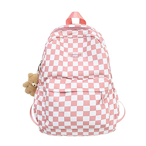 Checkerboard Light Academia Aesthetic Backpack for Teen Girls Cute Plaid Preppy Backpack with Plushies School Bag (D)