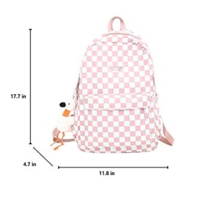 Checkerboard Light Academia Aesthetic Backpack for Teen Girls Cute Plaid Preppy Backpack with Plushies School Bag (D)