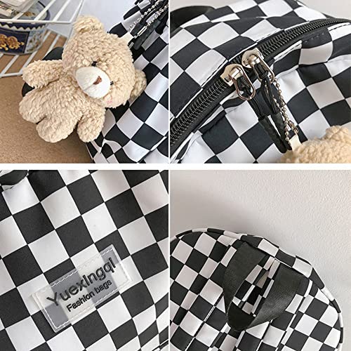 Checkerboard Light Academia Aesthetic Backpack for Teen Girls Cute Plaid Preppy Backpack with Plushies School Bag (D)