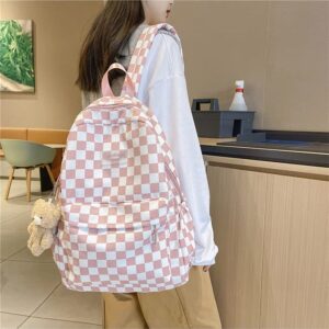 Checkerboard Light Academia Aesthetic Backpack for Teen Girls Cute Plaid Preppy Backpack with Plushies School Bag (D)